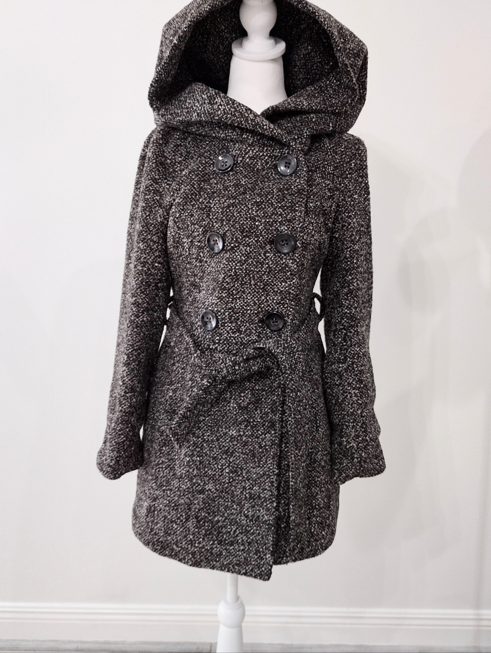 Women's Hooded Double-Breasted Wool-Blend Coat -  Brown/Multi Color - Picture 2 of 16